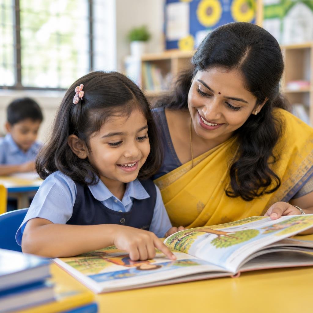 Child building reading confidence with a teacher